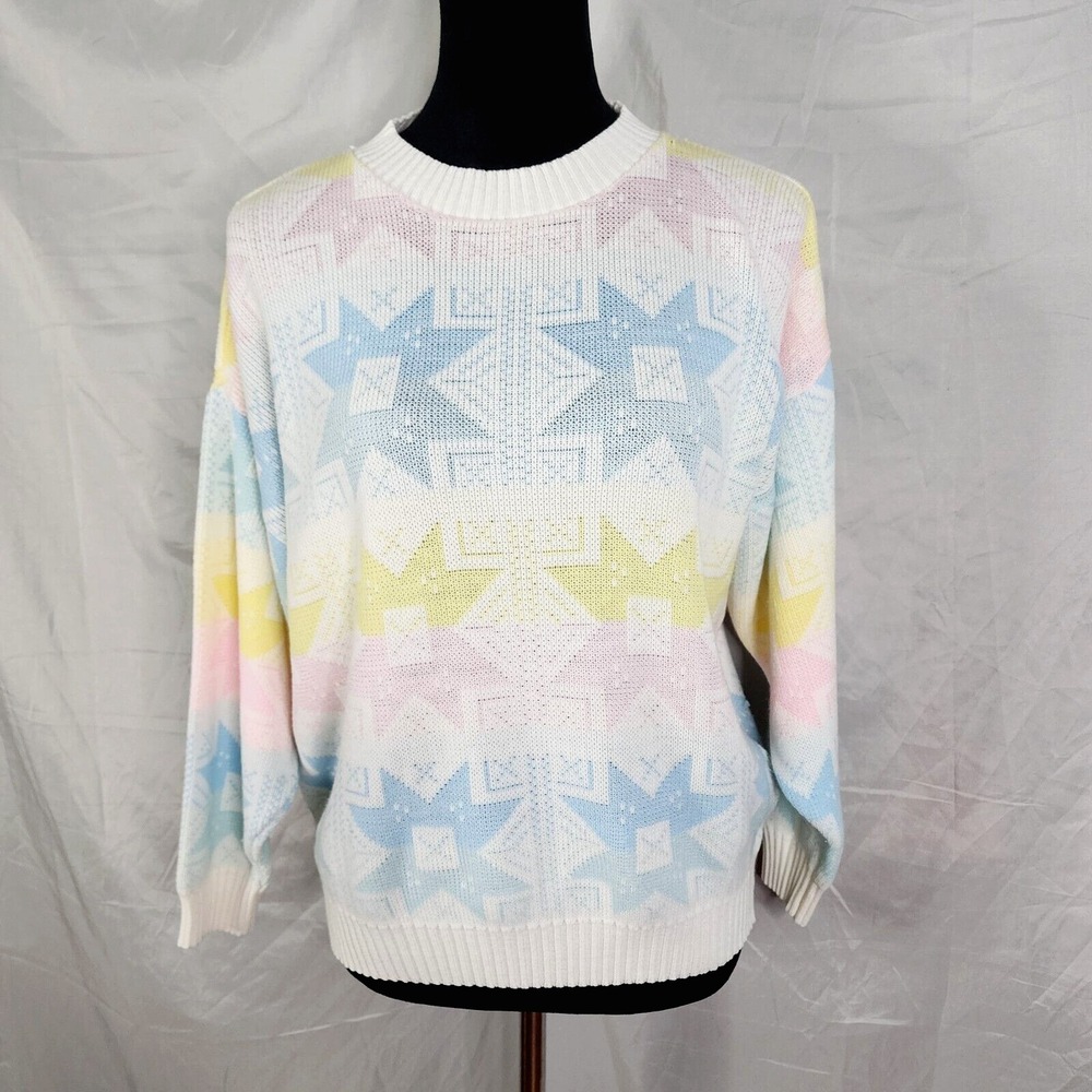 Vintage 80s Size Small Pastel Rainbow Snowflake Sweater Crew Neck Tight Knit‎